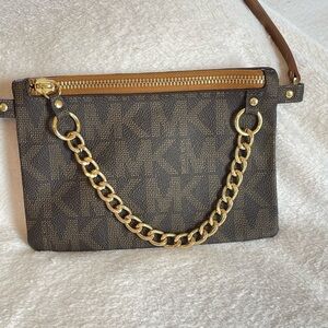 Michael Kors Belt Bag Brown MK Logo Chain Detail Crossbody